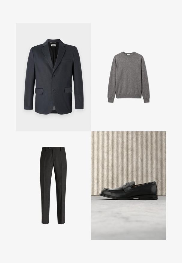 Blazer gris foncé en tissu texturé avec un col cranté, deux poches avant et une fermeture à deux boutons. Doublure intérieure.; Pull gris pour homme à manches longues et col rond, avec poignets et ourlet côtelés, orné d'un petit logo discret sur la poitrine gauche.; Boggi Milano Chino - charcoal; Mocassin en cuir noir avec une plaque de marque en métal reposant près d'une table ronde marron sur un sol recouvert de moquette beige.
