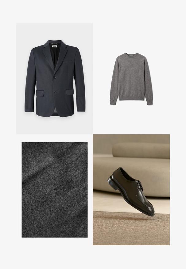 Mørkegrå blazer lavet af tekstureret stof med en nederdel, to forlommer og to knaplukninger. Fôret indre.; Herre langærmet grå sweater med rund hals og ribstrikkede manchetter og kant, med et lille diskret logo på venstre bryst.; Struktureret sort stof med en blød, let skinnende overflade, der viser et subtilt vævemønster og en glat fald.; Sort lædersko med lukket snørebånd svæver over beige tæppe, beige sofa sløret i baggrunden.