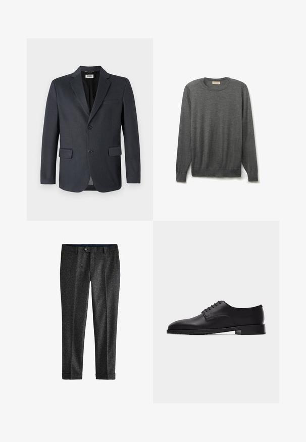 Donkergrijze blazer van gestructureerde stof met een geknipt revers, twee voorzakken en sluiting met twee knopen. Gevoerde binnenkant.; Grijze trui met lange mouwen van fijn gebreide stof, met een ronde halslijn en geribde manchetten en onderkant. Eenvoudig, veelzijdig ontwerp met een gladde textuur.; Grijze broeken gemaakt van een gestructureerde stof, met een knoopsluiting, riemlussen en omgeslagen zoom. Inclusief zij- en achterzakken.; Zwarte leren Oxford herenschoen met gesloten veters en lage gestapelde hak, zijaanzicht op een witte achtergrond.