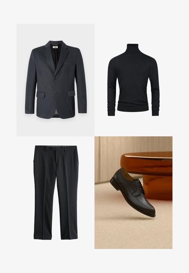 Blazer gris oscuro hecho de tejido texturizado con solapas de muesca, dos bolsillos frontales y cierre de dos botones. Interior forrado.; Suéter de cuello alto negro con mangas largas, hecho de un tejido de punto suave, que presenta puños y dobladillo acanalados para un aspecto ajustado.; Pantalones formales negros con botón frontal, presillas para cinturón, bolsillos laterales y un diseño delantero plano.; Zapato de vestir negro de cuero con cordones flotando sobre una alfombra beige, con una mesa redonda naranja al fondo.
