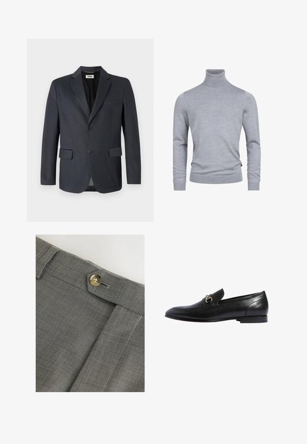 Donkergrijze blazer van gestructureerde stof met een geknipt revers, twee voorzakken en sluiting met twee knopen. Gevoerde binnenkant.; Grijze coltrui gemaakt van een zachte breistof. Beschikt over lange mouwen en een getailleerd ontwerp met geribde manchetten en zoom. Simpele, gladde textuur.; Grijze stoffen broek met een gestructureerd oppervlak, voorzien van een knoopsluiting en een nette gestikte zoom. Close-up van de tailleband.; Zwarte leren loafers met een ronde neus, een gouden gespaccent en een lage gestapelde hak. Glad oppervlak met minimale stiksels.