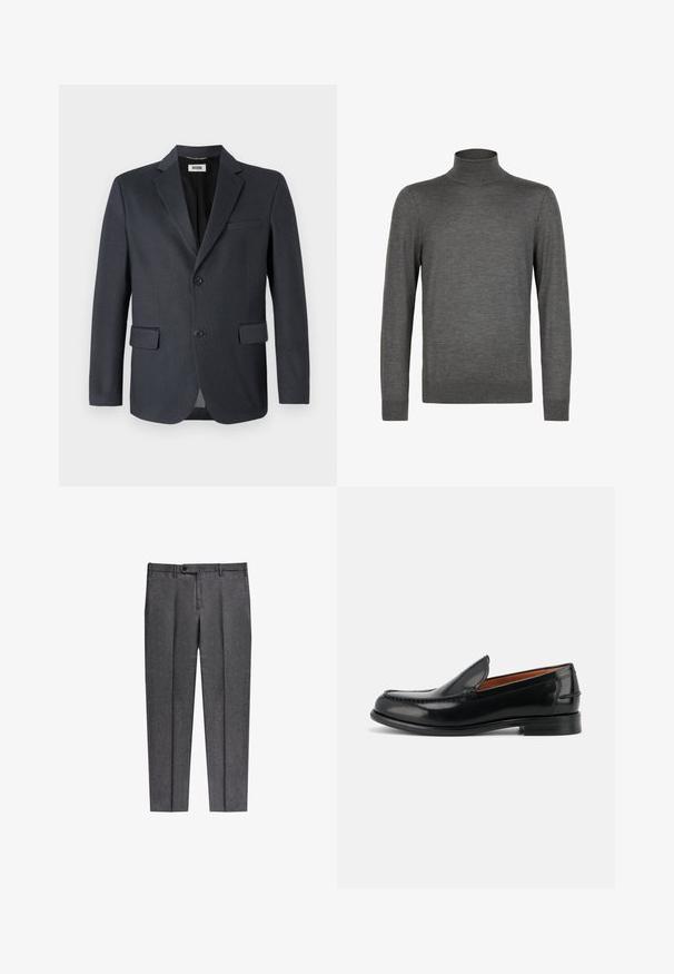 Donkergrijze blazer van gestructureerde stof met een geknipt revers, twee voorzakken en sluiting met twee knopen. Gevoerde binnenkant.; Donkergrijze coltrui met lange mouwen, fijne gebreide structuur en geribde boorden en zoom, afgebeeld op een witte achtergrond.; Grijze op maat gemaakte broeken van een gestructureerde stof, met een knoopsluiting, voorplooien en rechte pijpen.; Zwarte gepolijste leren instap loafer met lage hak en gestikte details langs de neus en zijkanten, zijaanzicht.