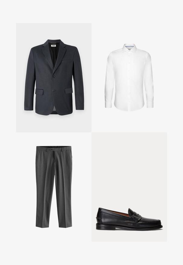 Dunkelgrauer Blazer aus strukturiertem Stoff mit einem Reverskragen, zwei vorderen Taschen und einer ebenfalls zweiknöpfigen Verschluss. Gefüttertes Innere.; Weißes, langärmliges Hemd mit Knopfleiste und klassischem Kragen, auf einem schlichten Hintergrund, Ärmel nach unten, Hemd vollständig zugeknöpft.; Next REGULAR FIT - Anzughose - charcoal grey; Schwarzer Lederloafer mit niedrigem Absatz und Pennyriemendetail, von der Seite auf hellgrauem Hintergrund gezeigt.