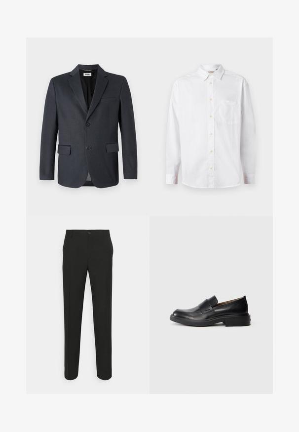 Blazer gris foncé en tissu texturé avec un col cranté, deux poches avant et une fermeture à deux boutons. Doublure intérieure.; Chemise blanche à manches longues avec un col et une poche poitrine, présentée sur un fond clair.; Pantalons noirs ajustés à coupe droite, dotés d'une fermeture à un bouton et de passants de ceinture. Tissu lisse, mat et sans motifs.; Chaussure habillée noire en cuir, à enfiler, avec un petit talon et un logo Calvin Klein discret sur le côté, présentée de profil sur un fond blanc.
