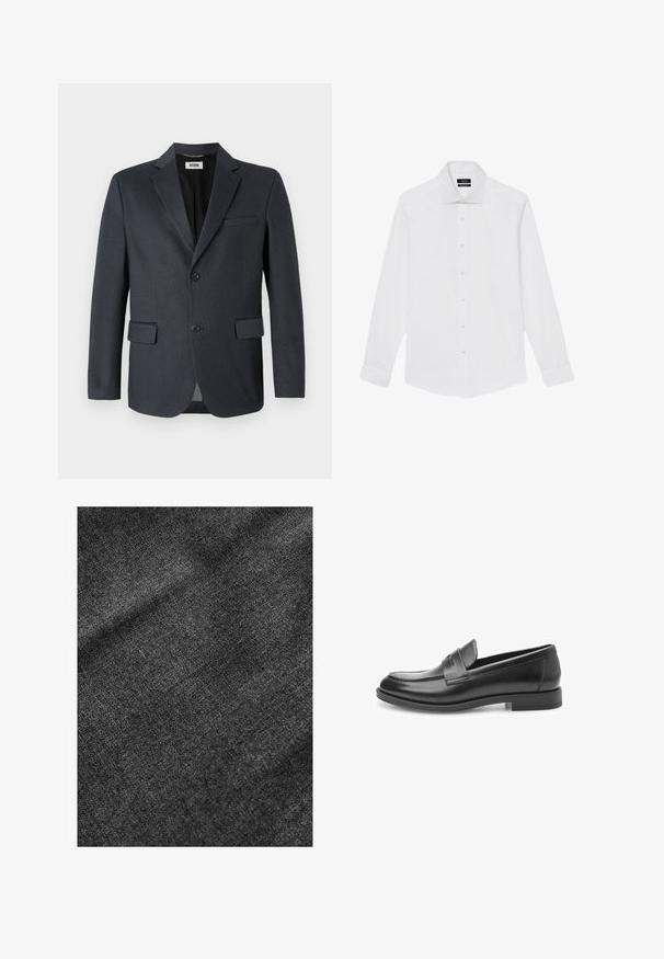 Dunkelgrauer Blazer aus strukturiertem Stoff mit einem Reverskragen, zwei vorderen Taschen und einer ebenfalls zweiknöpfigen Verschluss. Gefüttertes Innere.; Weißes Herrenhemd mit langen Ärmeln, klassischem Kragen und Knopfleiste vorne, flach auf weißem Hintergrund dargestellt.; Strukturierter schwarzer Stoff mit einer weichen, leicht glänzenden Oberfläche, die ein dezentes Webmuster und einen geschmeidigen Fall aufweist.; Schwarze Lederloafer mit glatter Oberfläche, runder Zehenpartie und dekorativem Riemen über der Vorderseite. Flache Gummisohle, klassisches Design.