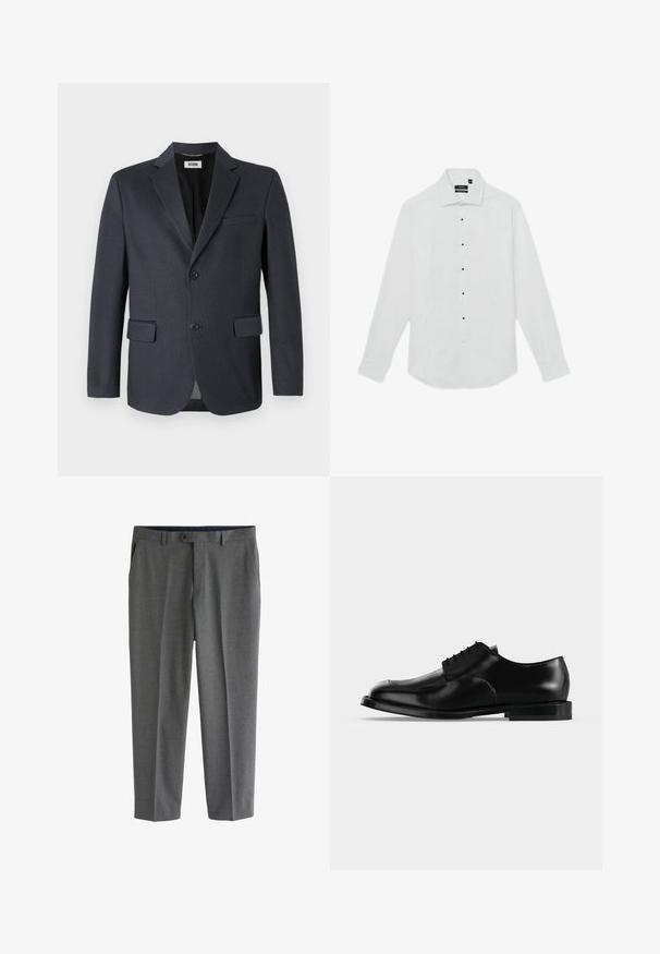 Donkergrijze blazer van gestructureerde stof met een geknipt revers, twee voorzakken en sluiting met twee knopen. Gevoerde binnenkant.; Witte lange mouwen overhemd met een normale kraag, voorzien van zwarte knopen aan de voorkant en knoopmanchetten. Glad stoftextuur.; Grijze, op maat gemaakte herenkledingbroek met zijzakken, riemlussen en een knoopsluiting in de taille.; Zwarte leren herenschoenen met veters, gladde afwerking en lage hak, zijaanzicht op een effen lichte achtergrond.