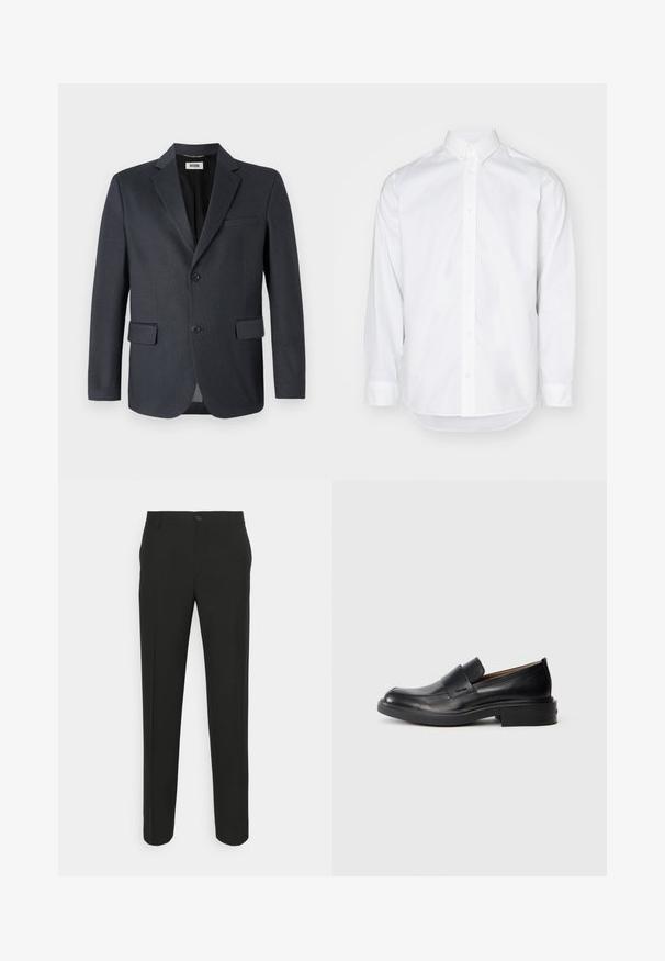 Donkergrijze blazer van gestructureerde stof met een geknipt revers, twee voorzakken en sluiting met twee knopen. Gevoerde binnenkant.; Witte langslievende shirt gemaakt van katoen. Beschikt over een button-down kraag, een voorpanneau met knopen en een gebogen zoom. Romige textuur.; Zwarte tailleurbroek met rechte snit, voorzien van een enkele knoopsluiting en ceintuurlussen. Glad, matte stof zonder patronen.; Zwarte leren instap schoenen met een lage hak en subtiel Calvin Klein-logo aan de zijkant, weergegeven in profiel op een witte achtergrond.