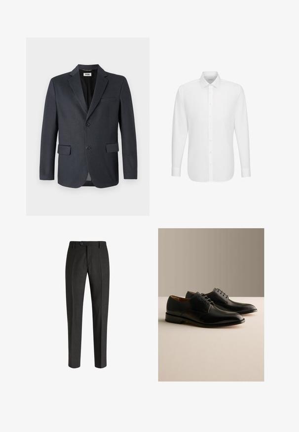 Mørkegrå blazer lavet af tekstureret stof med en nederdel, to forlommer og to knaplukninger. Fôret indre.; Hvid skjorte med lange ærmer, knaplukning foran og klassisk krave, vist på en ensfarvet hvid baggrund.; Boggi Milano Chino - charcoal; Par sorte læder formelle snøresko udstillet på en lys overflade med en ensfarvet beige baggrund.