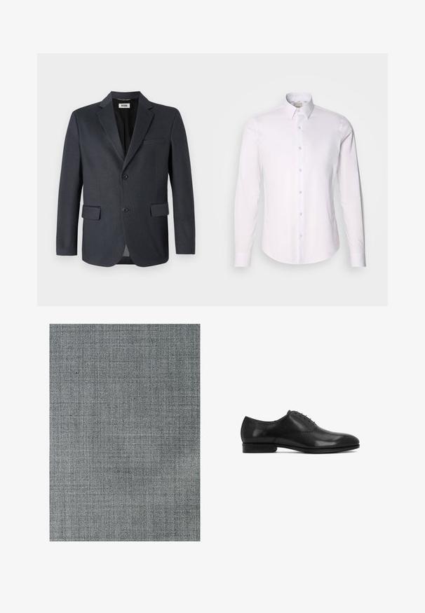 Blazer gris oscuro hecho de tejido texturizado con solapas de muesca, dos bolsillos frontales y cierre de dos botones. Interior forrado.; Camisa blanca de manga larga hecha de una tela suave, con cuello tipo botón, presenta una tapeta de botones completa y un dobladillo redondeado.; Tela gris con un patrón tejido texturizado. La superficie es suave, con sutiles variaciones de tono y una fina estructura de cuadrícula.; Zapato de vestir oxford para hombre de cuero negro con cordones cerrados y detalles decorativos perforados sutiles a lo largo de los laterales.
