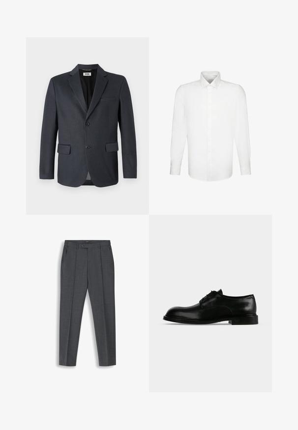 Blazer gris foncé en tissu texturé avec un col cranté, deux poches avant et une fermeture à deux boutons. Doublure intérieure.; Chemise blanche à manches longues avec un col pointu et une fermeture boutonnée sur le devant, présentée sur un fond blanc uni.; Pantalon homme gris foncé ajusté avec plis sur le devant, passants de ceinture, poches latérales et fermeture de la taille par bouton.; Chaussure habillée pour homme en cuir noir poli à lacets, avec un petit talon et un bout simple, présentée en profil sur fond blanc.