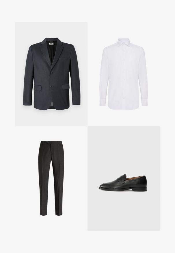 Blazer gris foncé en tissu texturé avec un col cranté, deux poches avant et une fermeture à deux boutons. Doublure intérieure.; Chemise blanche à manches longues avec un col classique, une patte de boutonnage et un ourlet droit. Fabriquée en tissu de coton lisse.; Boggi Milano Chino - charcoal; Mocassin en cuir noir avec un bout arrondi, des coutures subtiles et un talon bas, présentant une texture lisse et un design minimaliste.
