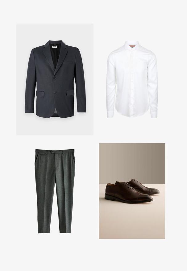 Donkergrijze blazer van gestructureerde stof met een geknipt revers, twee voorzakken en sluiting met twee knopen. Gevoerde binnenkant.; Witte lange mouwen dress shirt van gladde stof, met een knoopsluiting aan de voorkant, een puntige kraag en netjes gestikte mouwen.; Grijze op maat gemaakte broeken met een subtiele ruitpatroon, voor plooien, zijzakken en een sluiting met één knoop bij de taille.; Paar donkerbruine leren Oxford veterschoenen met captoe-detail op een neutrale ondergrond en achtergrond.
