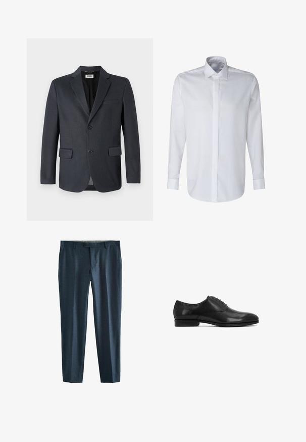 Mørkegrå blazer lavet af tekstureret stof med en nederdel, to forlommer og to knaplukninger. Fôret indre.; Hvid langærmet skjorte med klassisk krave, enkelt frontlukning og knapmanchetter. Fremstillet af glat, letvægts bomuldsstof.; Marineblå bukser lavet af glat stof, med lige snit, forlommer og en enkelt baglomme med knaplukning.; Sort læder herre oxford fin sko med lukket snørebånd og diskret perforeret dekorativ detalje langs siderne.