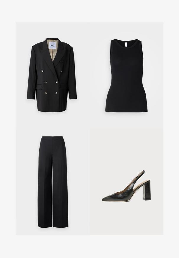 Zwarte dubbelzijdige blazer met twee voorkruiszakken, metalen knopen, gekartelde revers en een contrasterende beige voering.; Zwarte mouwloze tanktop van ribbelstof, met een ronde halslijn en een nauwsluitend ontwerp, met een gladde textuur en zonder patronen.; Zwarte wijde broeken van een gladde stof. Heeft een hoge tailleband en schone, rechte lijnen zonder zichtbare zakken of versieringen.; Zwarte leren slingback schoen met spits toelopend neusje, hoge blokhak en beige binnenvoering tegen een effen lichte achtergrond.