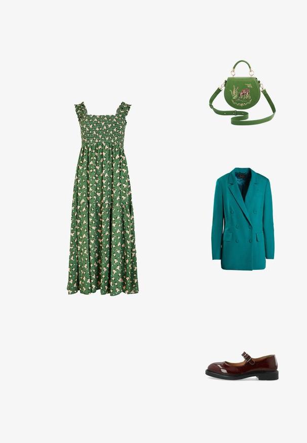 Türkiser doppelt geknöpfter Blazer aus glattem Stoff. Mit Reverskragen, zwei vorderen Taschen und runden Knöpfen.; Grünes Maxikleid mit gerafftem Oberteil, Rüschenträgern und einem floralen Muster mit hellrosa Blumen. Enthält ein gestuftes Rockdesign.; Bianco BIAADDA MARY JANE LAK - Pumps - burgundy; Grüne Lederhandtasche mit einem oberen Griff und langem Riemen, bestickt mit einem Rehkitz, Blumen, einem Schmetterling und einer Schnecke.