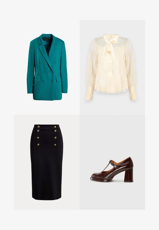 Blazer de doble botonadura en color teal, confeccionado en una tela suave. Presenta solapas de muesca, dos bolsillos frontales y botones redondos.; Blusa color crema clara hecha de encaje con un detalle de lazo en el cuello, mangas largas transparentes y puños abotonados. Patrón floral texturizado en toda la prenda.; Falda lápiz negra de talle alto con botones dorados verticales dispuestos en dos filas cerca de la cinturilla frontal.; Chie Mihara KAYLA - Tacones - sucre choco/kimera leche