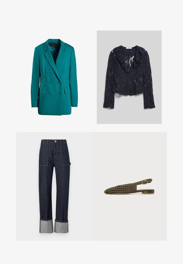 Teal dubbelzijdig blazer gemaakt van gladde stof. Bevat inkepingen, twee voorzakken en ronde knopen.; Donkerblauwe kanten blouse met lange mouwen, geplooide kraag en bloemmotief, voorkant met knopen, label "IVY OAK" aan de binnenkant van de kraag.; Donkerblauwe spijkerbroek met brede omslagen, voorzakken, ceintuurlussen en een knoopsluiting aan de taille.; Olivengroene geweven platte slingback schoen met kleine gouden gesp en vierkante hak op witte achtergrond.