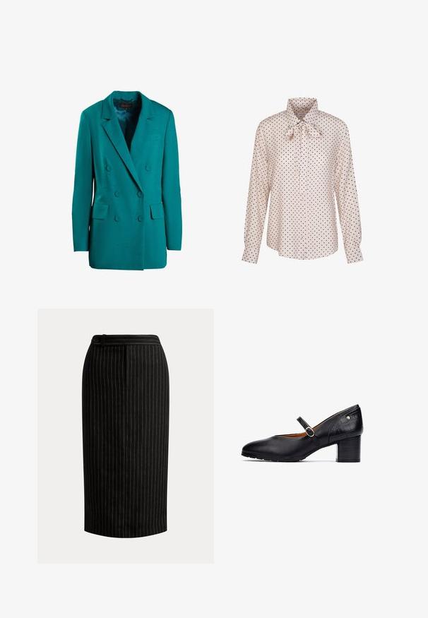 Blazer de doble botonadura en color teal, confeccionado en una tela suave. Presenta solapas de muesca, dos bolsillos frontales y botones redondos.; Seidensticker REGULAR - Blusa - ecru; Falda lápiz negra hasta la rodilla con delgadas rayas verticales blancas y detalle en la cintura con botones.; Zapato Mary Jane de cuero negro con punta redonda, correa al tobillo que presenta una hebilla redonda y un tacón de bloque de madera de altura media. Detalles texturizados en el tacón.
