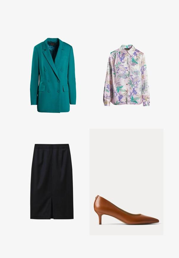 Türkiser doppelt geknöpfter Blazer aus glattem Stoff. Mit Reverskragen, zwei vorderen Taschen und runden Knöpfen.; Helles lila Hemd mit floralem Muster in Grün, Blau und Gold. Verfügt über einen Kragen, Knöpfe auf der Vorderseite und lange Ärmel.; Schwarzer knielanger Bleistiftrock mit strukturiertem Muster, figurbetontem Bund und einem Schlitz in der Mitte am Saum. Glatte Stoffoberfläche.; Brauner Lederschuh mit niedrigem Absatz und spitz zulaufender Schuhspitze, seitlich auf hellem, einfarbigem Hintergrund gezeigt.