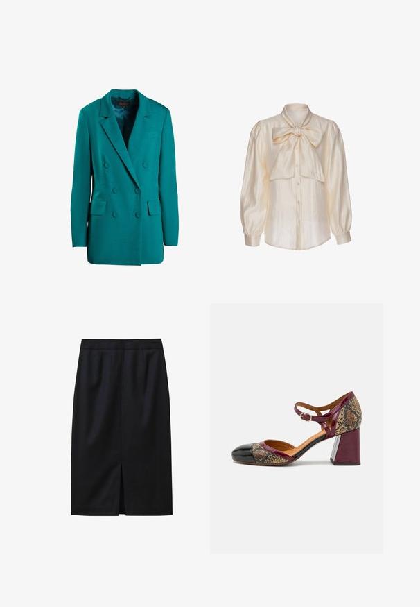 Teal dubbelzijdig blazer gemaakt van gladde stof. Bevat inkepingen, twee voorzakken en ronde knopen.; Crèmekleurige satijnen blouse met lange opgepofte mouwen, knoopsluiting aan de voorkant en een grote gestrikte strik bij de kraag.; Zwarte kokerrok tot de knie met een gestructureerd patroon, aansluitende tailleband en een middeninsnijding aan de zoom. Glad stoffen afwerking.; Hakken schoenen met een zwarte lakleren neus, bordeauxrode band en een slangenpatroon textiel bovenkant; voorzien van een chunky blokhak.