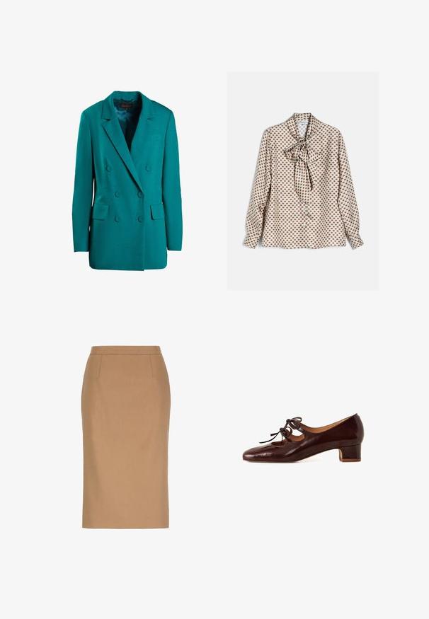 Teal dubbelzijdig blazer gemaakt van gladde stof. Bevat inkepingen, twee voorzakken en ronde knopen.; Witte blouse met lange mouwen, bruin vierkant patroon en een grote gebonden strik bij de hals, gepresenteerd op een vlakke ondergrond.; Beige kokerrok tot op de knie met een hoge taille en subtiele naaddetails aan de voorkant.; Bruine gepatenteerde leren schoen met een ronde neus, lage blokhak en decoratieve veters op de wreef. Bevat uitsparingen aan de zijkanten.