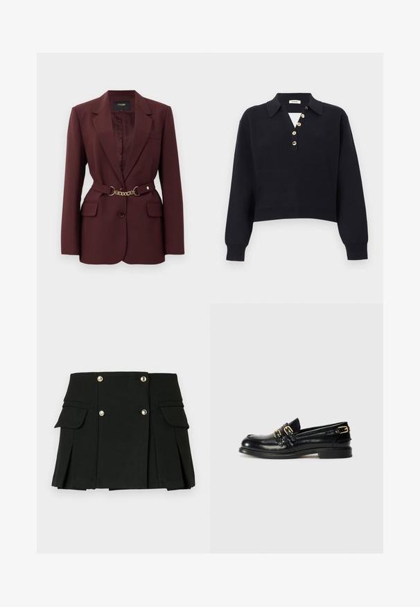 Bordeaux blazer met een getailleerd ontwerp, twee voorkruimelzakken, een enkele knoopsluiting en een gouden kettingriemaccent. Geschikt voor formele gelegenheden.; Zwarte langarm gebreide trui met een kraag en vijf beige knopen schuin geplaatst op de borstplooi, met geribbelde boorden aan mouwen en zoom.; Zwarte geplooide minirok gemaakt van gestructureerde stof, met twee voorzakken en accenten van gouden knopen.; Zwarte leren instappers met een glanzende afwerking, voorzien van twee gouden gespen en een lage hak. Gladde textuur met een ronde neus.