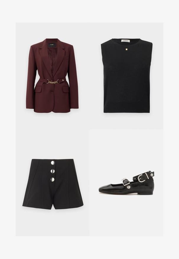 Bordeaux blazer met een getailleerd ontwerp, twee voorkruimelzakken, een enkele knoopsluiting en een gouden kettingriemaccent. Geschikt voor formele gelegenheden.; Zwarte mouwloze gebreide top met ronde hals en een klein gouden vierkant embleem onder de halslijn, gelabeld Sandro.; Zwarte shorts met hoge taille, voorzien van drie grote zilveren knopen aan de voorkant en zichtbare verticale naaddetails.; Zwarte gepatineerde leren platte schoen met een vierkante neus, enkelband met zilverkleurige hardware en platte zool. Gladde textuur met minimalistisch ontwerp.