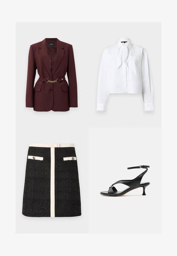 Bordeaux blazer med en tætsiddende pasform, to forlommer, en enkelt knaplukning og et guld kæde-bælte som accent. Velegnet til formelle sammenhænge.; Hvid bluse med lange ærmer, spidst krave, bindedetalje foran, brystlomme og blonderkant på krave og manchetter.; Sort tekstureret mini-nederdel med hvid lodret stribe og matchende knaplommer med hvid kant på forsiden samt en hvid taljebånd.; Sort lædersandal til kvinder med buet lav hæl, krydssøm og justerbar ankelrem med lille guldlås.