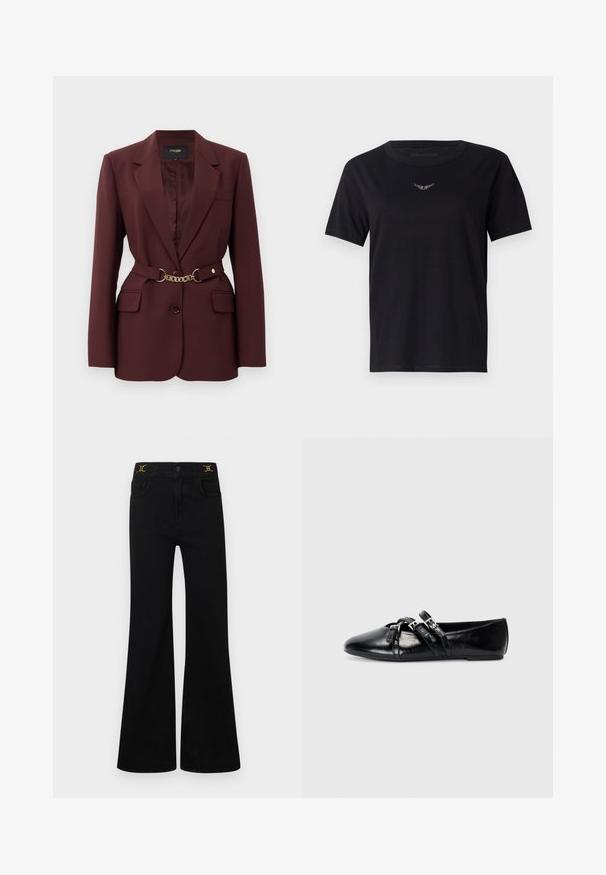 Bordeaux blazer med en tætsiddende pasform, to forlommer, en enkelt knaplukning og et guld kæde-bælte som accent. Velegnet til formelle sammenhænge.; Sort bomulds T-shirt med rund hals, korte ærmer og et subtilt, tekstureret logo i sølv på brystet. Glat stoffinish.; Sorte viddejeans med høj talje, fem lommer, guldfarvede detaljer og blød denimbeklædning.; Sorte læder balletflader med spidse tæer, to dekorative stropper med sølvspænder og en glat, blank overflade.