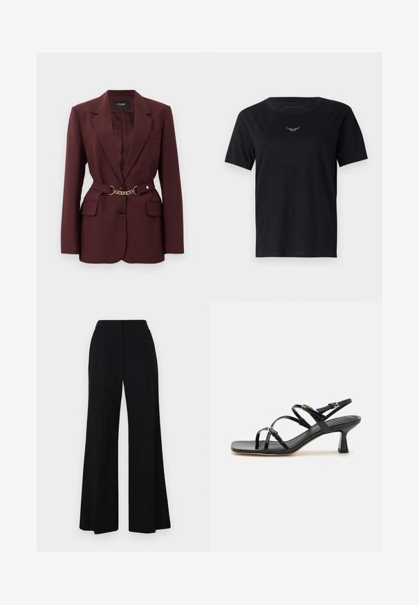 Bordeaux blazer med en tætsiddende pasform, to forlommer, en enkelt knaplukning og et guld kæde-bælte som accent. Velegnet til formelle sammenhænge.; Sort bomulds T-shirt med rund hals, korte ærmer og et subtilt, tekstureret logo i sølv på brystet. Glat stoffinish.; Sorte brede bukser med høj talje, glat stof og rene linjer. Ingen synlig hardware eller mønstre.; Sorte lakerede sandaler med stropper, kvadratisk tå og en lav blokhæl. Udstyret med guldfarvet hardware og justerbare ankelremme.