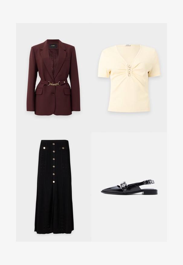 Blazer bordeaux au design ajusté, deux poches avant, fermeture à un seul bouton et accent avec une ceinture en chaîne dorée. Convient aux contextes formels.; Haut crème en maille côtelée à manches courtes avec col en V et fermetures à crochets dorés sur un détail froncé à l'avant.; Jupe longue noire avec boutons dorés à l'avant, deux petites poches avec rabat à la taille, et un subtil motif tricoté vertical.; Ballerine pointue en cuir verni noir avec double boucle argentée et talon slingback sur fond blanc.