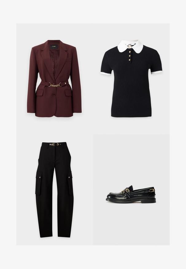 Bordeaux blazer met een getailleerd ontwerp, twee voorkruimelzakken, een enkele knoopsluiting en een gouden kettingriemaccent. Geschikt voor formele gelegenheden.; Zwart geribd topje met korte mouwen en een witte gekartelde kraag en mouwboorden, met vier gouden knopen aan de voorzijde van de halslijn.; Zwarte cargobroek met hoge taille, zijflapzakken en een smalle zwarte riem met gouden gespdetails.; Zwarte leren instappers met een glanzende afwerking, voorzien van twee gouden gespen en een lage hak. Gladde textuur met een ronde neus.