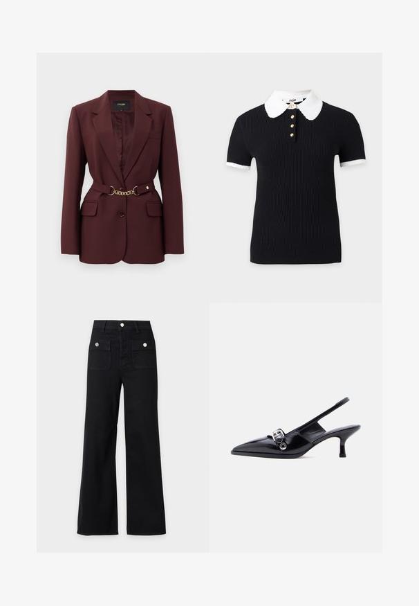 Bordeaux blazer met een getailleerd ontwerp, twee voorkruimelzakken, een enkele knoopsluiting en een gouden kettingriemaccent. Geschikt voor formele gelegenheden.; Zwart geribd topje met korte mouwen en een witte gekartelde kraag en mouwboorden, met vier gouden knopen aan de voorzijde van de halslijn.; Zwarte broek met wijde pijpen en een hoge taille, twee voorzakken met klep en zilverkleurige knopen, riemlussen en een knoopsluiting aan de voorkant.; Zwarte slingback kitten heel schoen van lakleer met puntige neus en zilveren gespsluiting op een effen witte achtergrond.