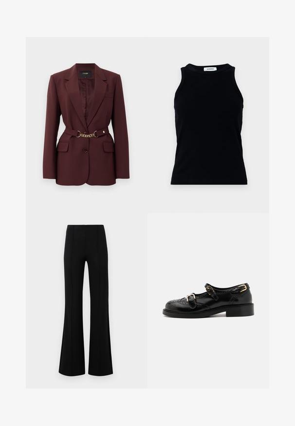 Bordeaux blazer met een getailleerd ontwerp, twee voorkruimelzakken, een enkele knoopsluiting en een gouden kettingriemaccent. Geschikt voor formele gelegenheden.; Zwarte ribben tanktop met een ronde halslijn en brede schouderbanden. Bevat geen versieringen of patronen. Gladde textuur.; Zwarte flared broeken met een hoge taille, gemaakt van rekbaar materiaal. Bevat verticale naden aan de voorkant en heeft een gladde textuur.; Zwarte leren schoenen met brogue-details, voorzien van twee gespsluitingen, een ronde neus en een lage hak. Glad oppervlak met een glanzende afwerking.