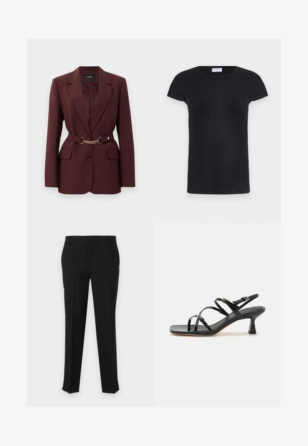 Bordeaux blazer met een getailleerd ontwerp, twee voorkruimelzakken, een enkele knoopsluiting en een gouden kettingriemaccent. Geschikt voor formele gelegenheden.; Zwarte geribbelde T-shirt met een ronde hals en korte mouwen. Zacht stof met een aansluitende pasvorm, met een label bij de nek.; Zwarte op maat gemaakte broek van een gladde stof, met een rechte pijp ontwerp, riemlussen en zijzakken. Geen zichtbare patronen of hardware.; Zwarte patenten leren sandalen met banden, een vierkante neus en een lage blokhak. Voorzien van goudkleurige hardware en verstelbare enkelsbandjes.
