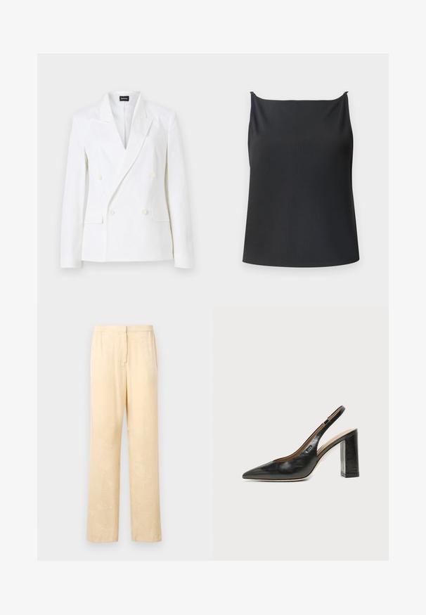 Veste blanche croisée à doubles boutons avec revers à pointe, quatre boutons sur le devant, poches à rabat et une poche poitrine passepoilée, présentée sur fond uni.; Top noir sans manches avec une texture côtelée, à encolure droite, avec des bretelles fines et une coupe décontractée. Pas de matériel ou de motifs visibles.; Pantalons lâches de couleur jaune clair avec un motif de feuilles subtil. Dotés d'une taille élastique et d'une coupe droite. Texture lisse.; Chaussure slingback en cuir noir à bout pointu avec un talon bloc haut et une doublure intérieure beige sur un fond clair uni.