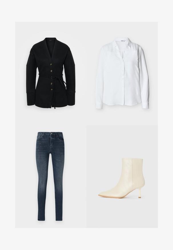 Cardigan noir en tissu doux ; avec un décolleté en V profond, des manches larges, six boutons sur le devant et une ceinture assortie.; Blouse blanche à manches longues pour femmes avec col et boutons sur le devant, réalisée en tissu lisse, présentée sur un fond uni.; Jeans en denim slim fit de couleur bleu foncé, avec un design à cinq poches, un léger délavage et une fermeture à bouton à la taille.; Botte de cheville crème à bout pointu et talon moyen élancé, texture lisse, présentée de l'extérieur sur fond blanc.