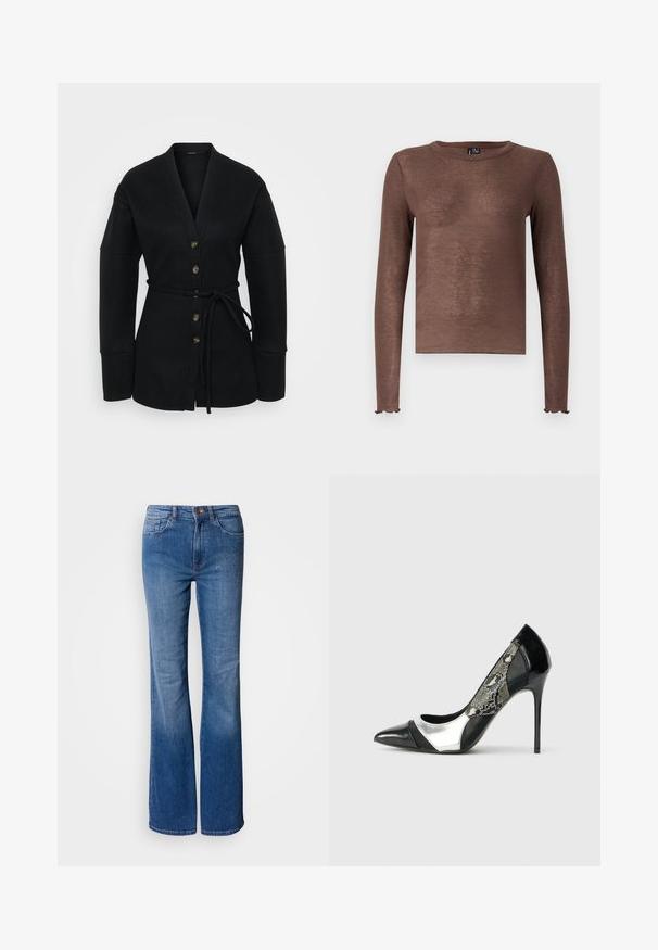 Cardigan noir en tissu doux ; avec un décolleté en V profond, des manches larges, six boutons sur le devant et une ceinture assortie.; Haut marron à manches longues avec un col rond, fabriqué dans un matériau doux et légèrement transparent. Il présente des poignets froncés et un ourlet droit.; Jean évasé bleu clair en denim. Caractéristiques : taille haute, poches avant et légères décorations le long de la hanche. Texture lisse.; Pompe à talon aiguille noire et argentée avec un bout pointu, dotée d'un panneau latéral en maille avec un motif serpent et un talon effilé élégant.