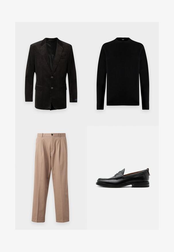 Sort fløjl blazer med notch lapel, to frontlommer, to-knaps lukning, struktureret stof og kontrastfyldning indvendigt.; Sort langærmet trøje med rund hals og et enkelt, ensfarvet design samt et lille mærke indeni kraven.; Beige bukser lavet af bomuld, med en lige benlængde, front folder, knaplukning og sidelommer. Glat tekstur.; Sort læder herre loafer med moc-tå syning, penny strop, struktureret krave og lav stablet hæl på hvid baggrund.