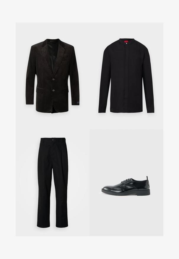Blazer en velours côtelé noir avec un col cranté, deux poches avant, fermeture à deux boutons, tissu texturé et doublure intérieure contrastante.; Chemise noire à manches longues avec col mandarin et patte de boutonnage dissimulée, présentée sur fond blanc.; Pantalons noirs à jambes droites avec une taille à bouton, passants de ceinture et pli avant, présentés sur un fond blanc uni.; Chaussure habillée en cuir noir brillant avec un petit talon, fermeture à lacets et bout rond, vue de côté sur un fond uni et clair.
