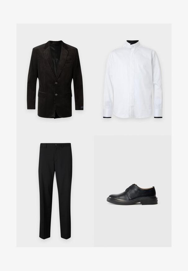 Blazer en velours côtelé noir avec un col cranté, deux poches avant, fermeture à deux boutons, tissu texturé et doublure intérieure contrastante.; Chemise blanche à manches longues avec un col montant, présentant des accents noirs contrastants aux poignets. Fabriquée en tissu lisse, elle est conçue dans un style minimaliste.; Pantalons noirs ajustés avec une coupe plate, taille standard et jambes droites. Fabriqués en tissu lisse, dotés d'une fermeture à un bouton.; Chaussure oxford en cuir noir avec un bout rond, un laçage à l'avant et un petit talon empilé, sur fond clair.