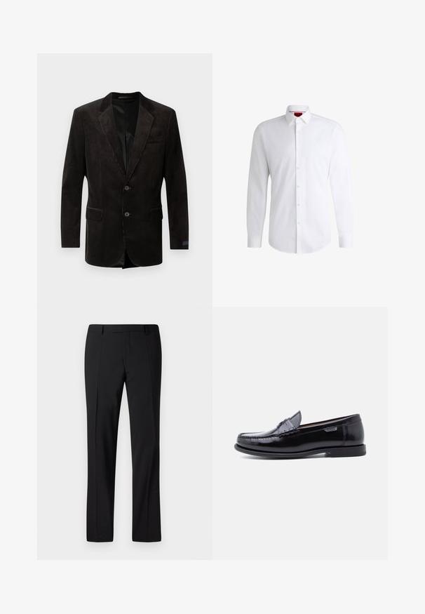 Sort fløjl blazer med notch lapel, to frontlommer, to-knaps lukning, struktureret stof og kontrastfyldning indvendigt.; Hvid skjorte med knapper lavet af glat stof med klassisk krave, lange ærmer og rundet kant. Har beige knapper foran.; Sorte skræddersyede bukser med lige ben, der har en glat overflade, plissee foran og en klassisk talje for et formelt udseende.; Sorte læderloafer med en blank finish, der har et syet mønster på tåen og en lav, tekstureret sort gummisål.