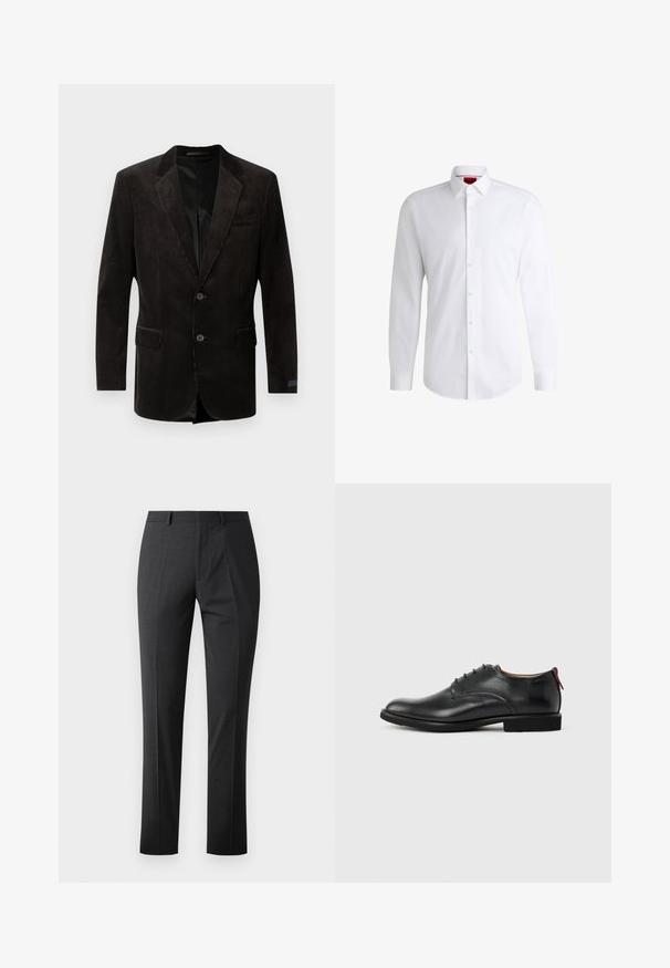 Sort fløjl blazer med notch lapel, to frontlommer, to-knaps lukning, struktureret stof og kontrastfyldning indvendigt.; Hvid skjorte med knapper lavet af glat stof med klassisk krave, lange ærmer og rundet kant. Har beige knapper foran.; Skræddersyede mørkegrå bukser med en glat tekstur, slim fit, flad front og standard talje. Har pressede folder og ingen synlige mønstre.; Sort herresko i læder med snørebånd foran og rød træktab på hælen mod en ensfarvet baggrund.