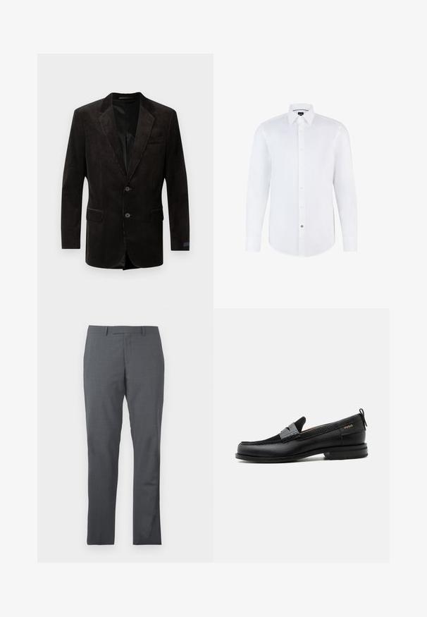 Blazer en velours côtelé noir avec un col cranté, deux poches avant, fermeture à deux boutons, tissu texturé et doublure intérieure contrastante.; Chemise blanche à manches longues en tissu lisse, avec une fermeture à boutons à l'avant, un col pointu et un ourlet arrondi. Accent notable d'un bouton de marque.; Pantalons de costume gris avec un tissu lisse et texturé. Design slim fit, devant plat, sans embellissements ni poches visibles.; Mocassin en cuir noir avec détail de bride grise, talon bas et semelle texturée, marqué "HUGO" en or sur le côté.