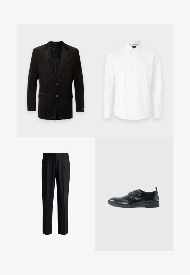 Sort fløjl blazer med notch lapel, to frontlommer, to-knaps lukning, struktureret stof og kontrastfyldning indvendigt.; Hvid langærmet skjorte lavet af bomuld. Har en knap-ned krave, frontlukning med knapper i pink og buet bund.; Sorte bukser lavet af glat stof, med lige ben-design, plisseringer foran og knaplukning med bæltestropper.; Blank sort læder dresssko med lav hæl, snørelukning og rund tå, vist fra siden på ensfarvet lys baggrund.