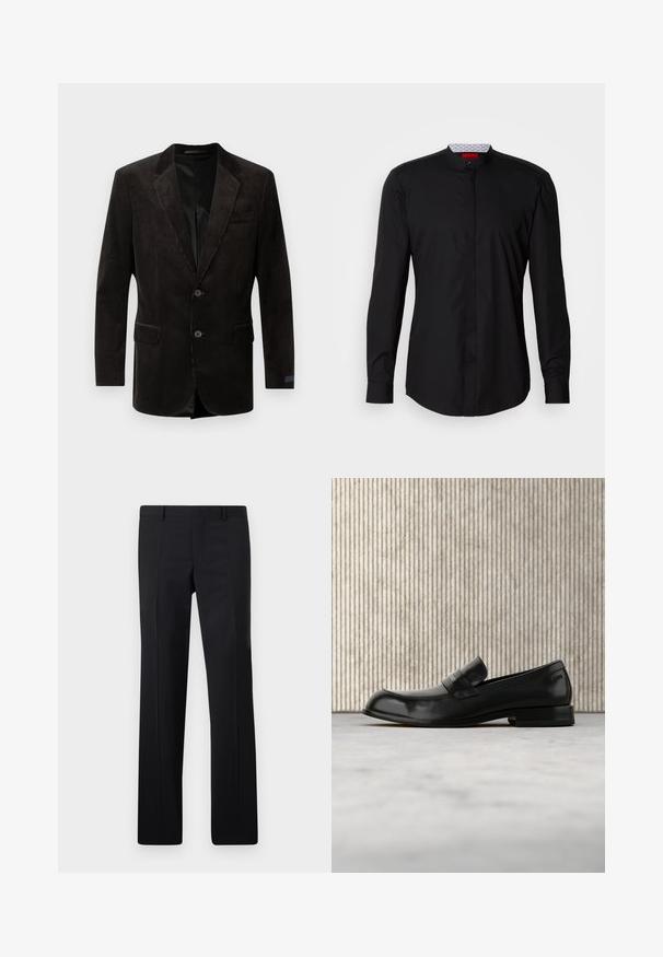 Sort fløjl blazer med notch lapel, to frontlommer, to-knaps lukning, struktureret stof og kontrastfyldning indvendigt.; Sort langærmet skjorte med mandarin-krave, lavet af et glat stof, med knaplukning foran og diskrete designdetaljer.; Sorte skræddersyede bukser med et lige ben design, skarpe folder og en glat overflade. Fremstillet af letvægtsstof med en ren talje.; Sort læderloafer med metalaccent, vist svævende over et beige tæppe, med et rundt, ravfarvet bord i baggrunden.