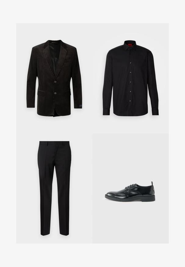 Sort fløjl blazer med notch lapel, to frontlommer, to-knaps lukning, struktureret stof og kontrastfyldning indvendigt.; Sort langermet skjorte lavet af glat stof, med en klassisk krave, knaplukning foran og skræddersyet pasform.; Sorte skræddersyede bukser lavet af glat stof, med lige ben, raffinerede folder og en klassisk talje med bæltestropper.; Blank sort læder dresssko med lav hæl, snørelukning og rund tå, vist fra siden på ensfarvet lys baggrund.