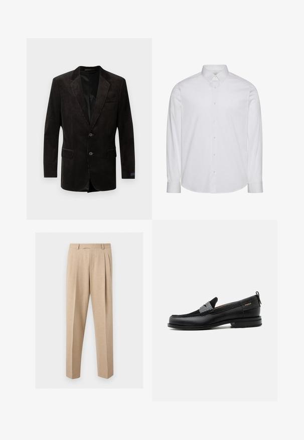 Blazer en velours côtelé noir avec un col cranté, deux poches avant, fermeture à deux boutons, tissu texturé et doublure intérieure contrastante.; Chemise blanche à manches longues en coton. Comprend un col classique, une patte de boutonnage à l'avant avec boutons, et un ourlet arrondi. Logo discret de la marque.; Pantalon beige sur mesure avec plis sur le devant, passants de ceinture et jambes droites, présenté sur un fond clair et uni.; Mocassin en cuir noir avec détail de bride grise, talon bas et semelle texturée, marqué "HUGO" en or sur le côté.