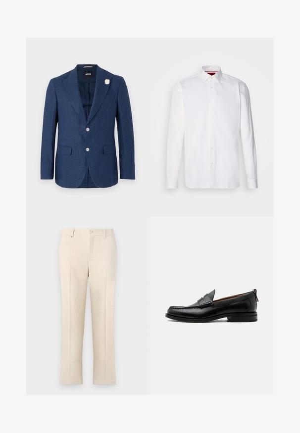 Marineblauwe linnen blazer met een notch lapel, twee voorzakken, drie knopen en een decoratieve witte bloemenpin op de linkerschouder.; Witte overhemd met lange mouwen van katoen, met een klassieke kraag, een voorkant met knopen en een gladde textuur. Rode details aan de binnenkant van de kraag.; Beige op maat gemaakte broek met een gestructureerde stof, voorzien van een ritssluiting, twee voorkruiszakken en een smal, recht model.; Zwarte leren herensloffen met moc toe stiksel, pennyriem, gestructureerde kraag en lage gestapelde hak op witte achtergrond.