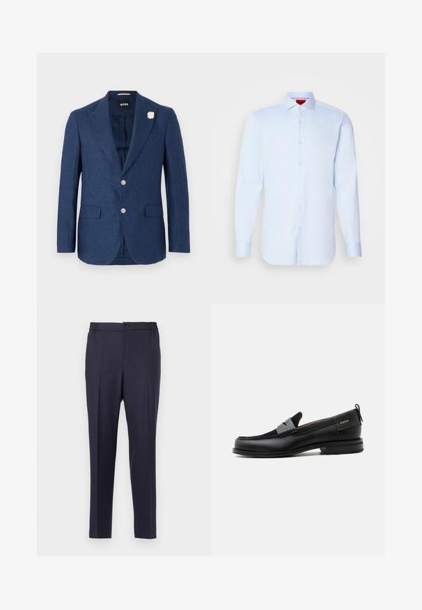 Marineblauer Leinenblazer mit Reverskragen, zwei Fronttaschen, drei Knöpfen und einer dekorativen weißen Blumenstecknadel am linken Revers.; Helleblaue Langarmbluse mit Button-Down-Kragen, abgerundetem Saum und weißen Knöpfen. Glattes Material mit einem subtilen Glanz.; Navyblaue Hose mit flacher Front, elastischem Bund und Knopfverschluss. Gerader Schnitt und glatte Textur, geeignet für formelle oder legere Anlässe.; Schwarzer Lederloafer mit grauem Riemendetail, niedrigem Absatz und strukturierter Sohle, seitlich mit „HUGO“ in Gold gebrandmarkt.